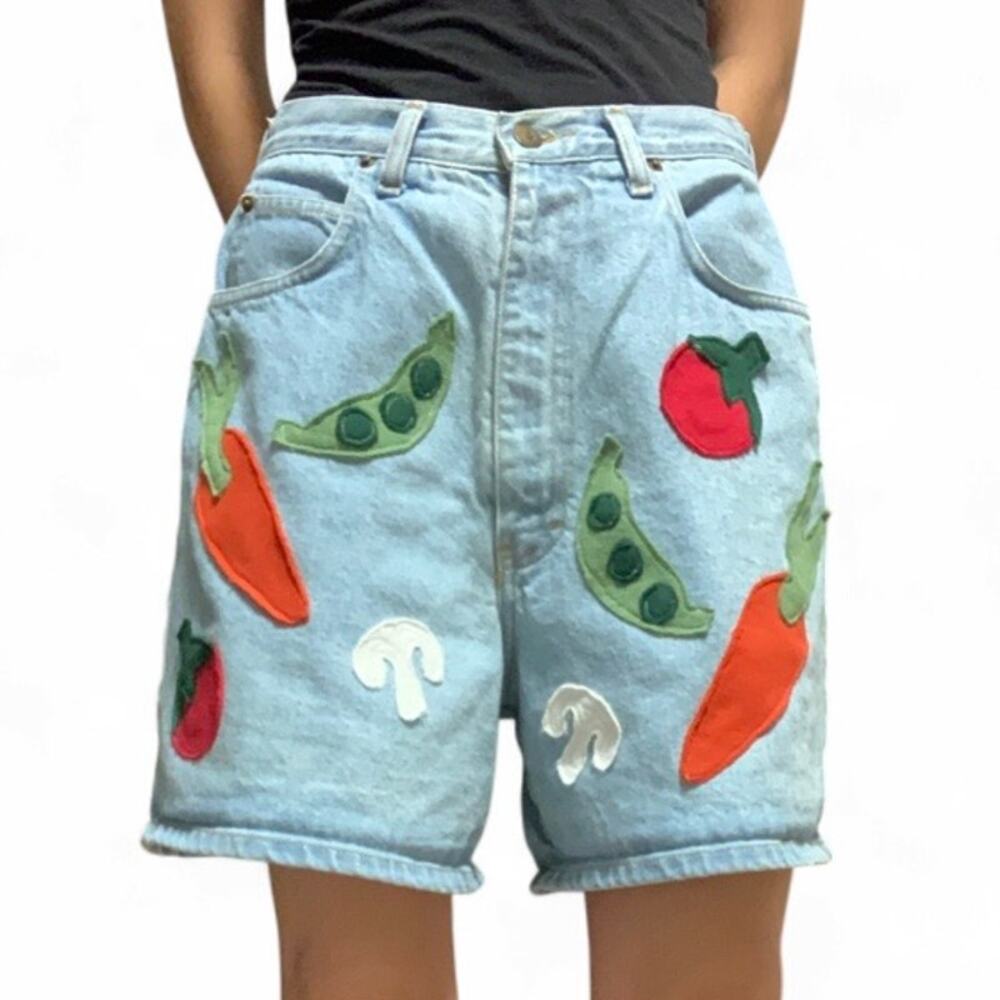 Custom Upcycled Vintage Veggie Gardener Denim Shorts
